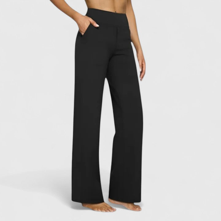 Women's Wide-Leg Trousers with Elasticated Waistband and Side Pockets - Black