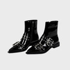 Women's Chunky Mid-Heel Zipper Biker Boots with Buckle Detail - Black