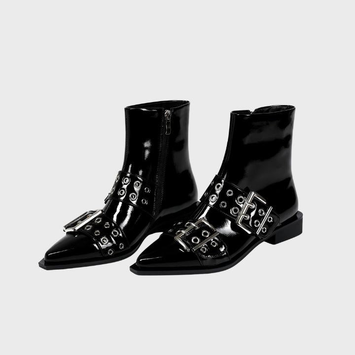 Women's Chunky Mid-Heel Zipper Biker Boots with Buckle Detail - Black