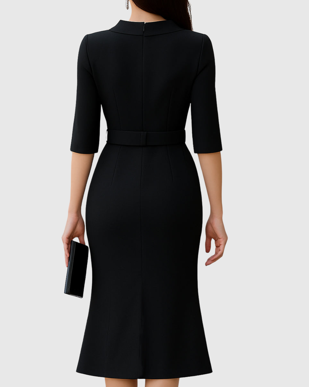 Women's Midi Dress with Belted Waist and Asymmetric Hem - 2