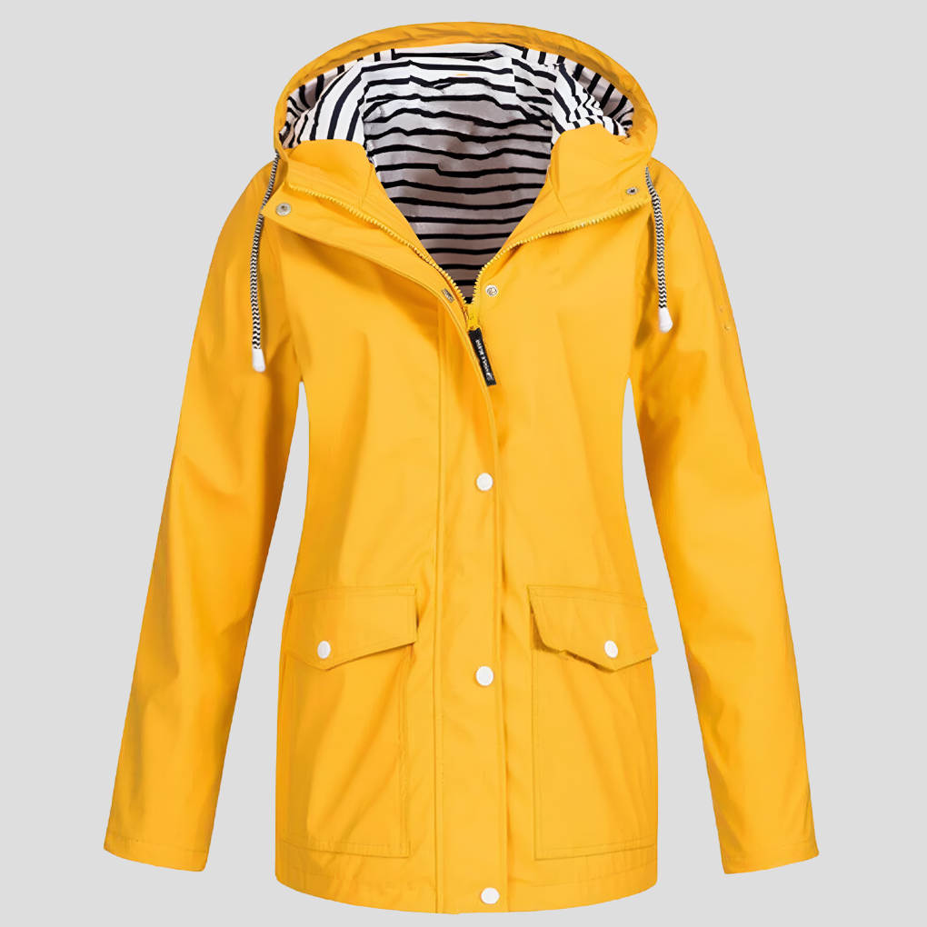 Women's Hooded Rain Jacket with Adjustable Hood and Snap Pockets - Yellow