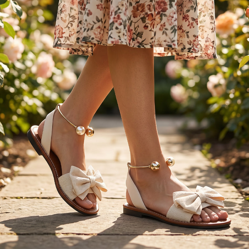 Women's Sandals with Bow Detail and Pearl Ankle Ring - 11