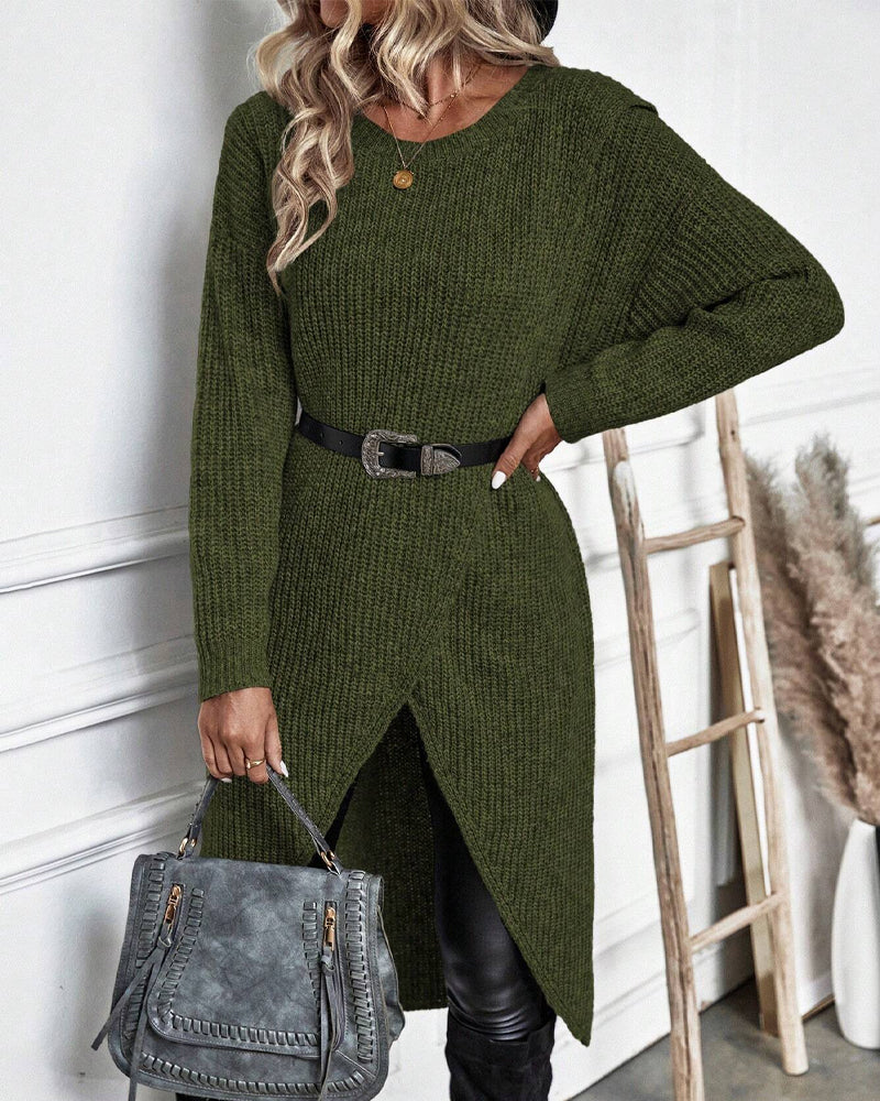 Women's Ribbed Jumper Dress with Side Slit Long Sleeve - 10