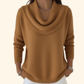 Women's Jumper with Draped Cowl Neck and Long Sleeves - Brown