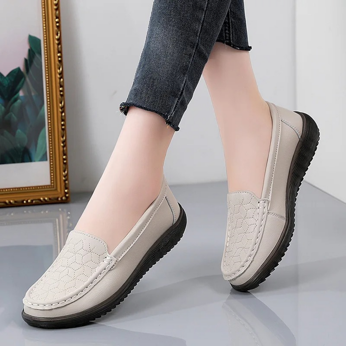 Women's Slip-On Loafers with Textured Relief Pattern - Brown