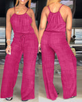 Women's Spaghetti Strap Jumpsuit with Tied Waist and Wide Leg - Hot Pink