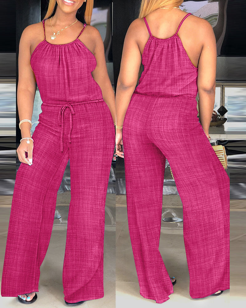 Women's Spaghetti Strap Jumpsuit with Tied Waist and Wide Leg - Hot Pink