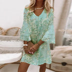 Women's Mini Dress with Flared Sleeves and V-Neck - Light Green