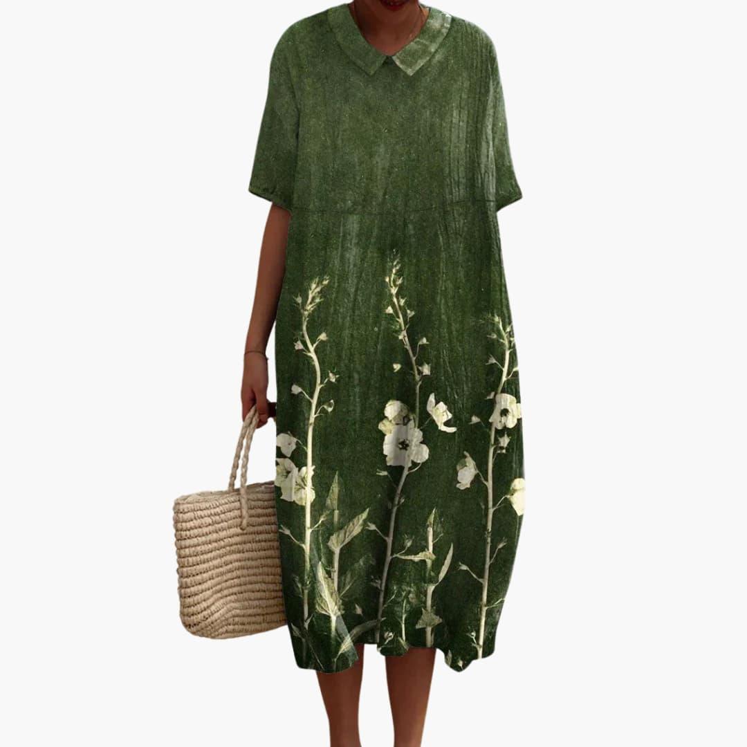 Women's Floral Midi Dress with V-Neck and Short Sleeves - Green