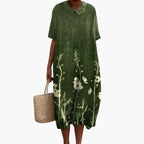 Women's Floral Midi Dress with V-Neck and Short Sleeves - Green
