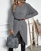 Women's Ribbed Jumper Dress with Side Slit Long Sleeve - 4