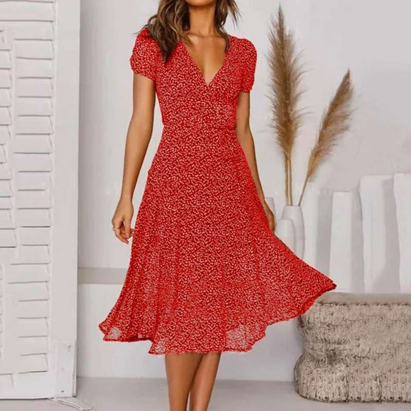 Women's A-Line Dress with V-Neck and Floaty Skirt - Red