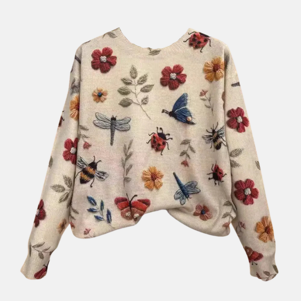 Women's Embroidered Floral Knit Jumper Loose Fit Crew Neck - Style A