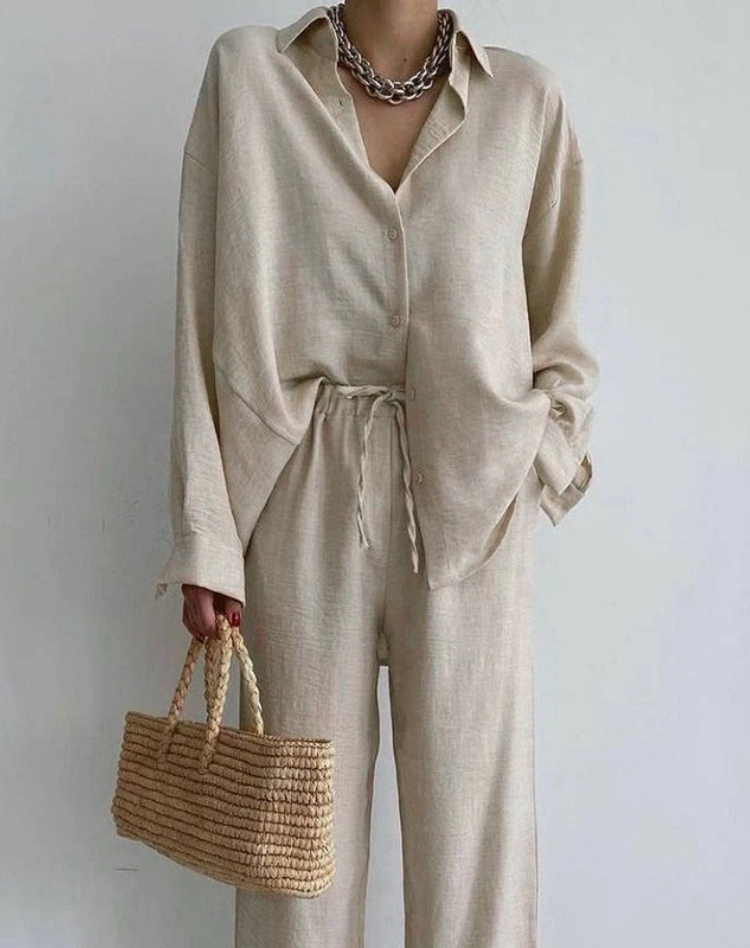Women's Relaxed Blouse and Wide Leg Trousers Co-ord Set - Beige
