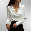 Women's Satin Blouse with Draped Collar and Long Sleeves - White