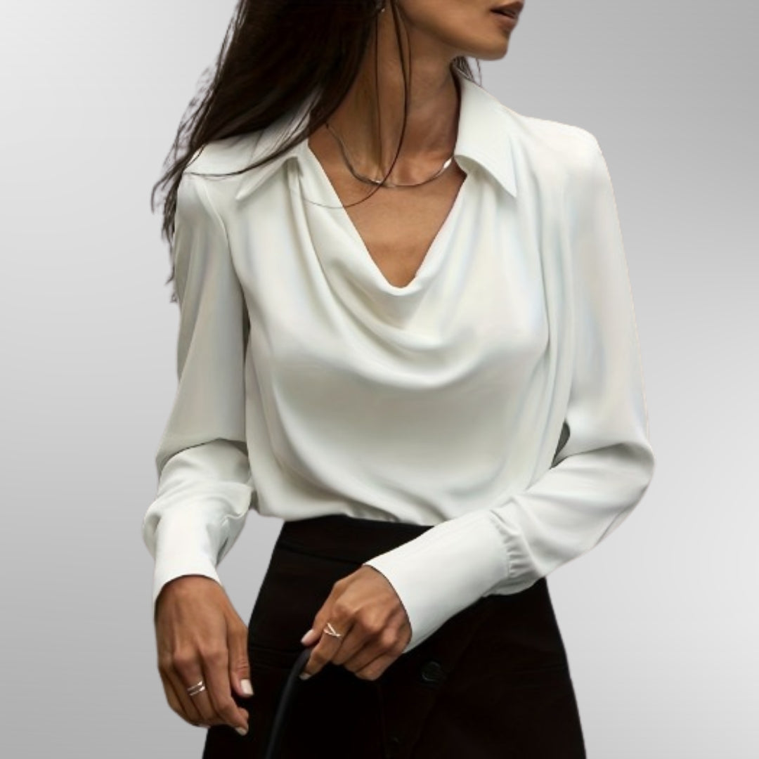Women's Satin Blouse with Draped Collar and Long Sleeves - White