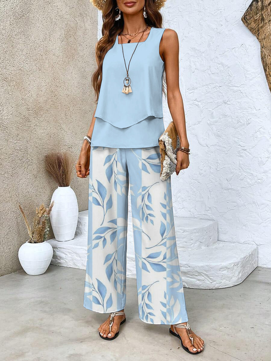 Women Two-Piece Set Layered Sleeveless Tank with Printed Wide-Leg Trousers - Blue