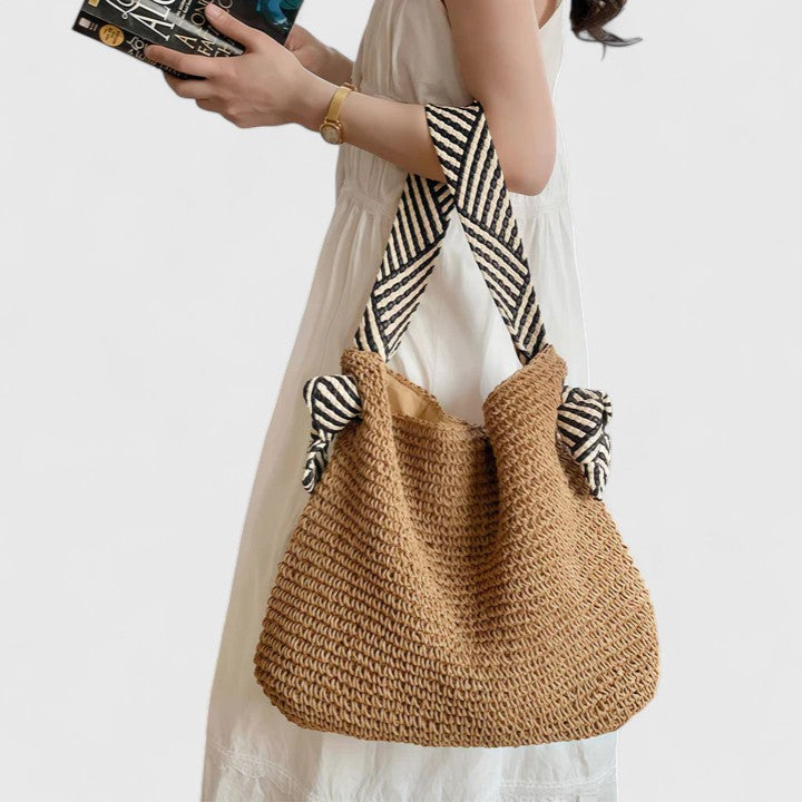 Women's Woven Shoulder Bag with Contrast Straps - 2