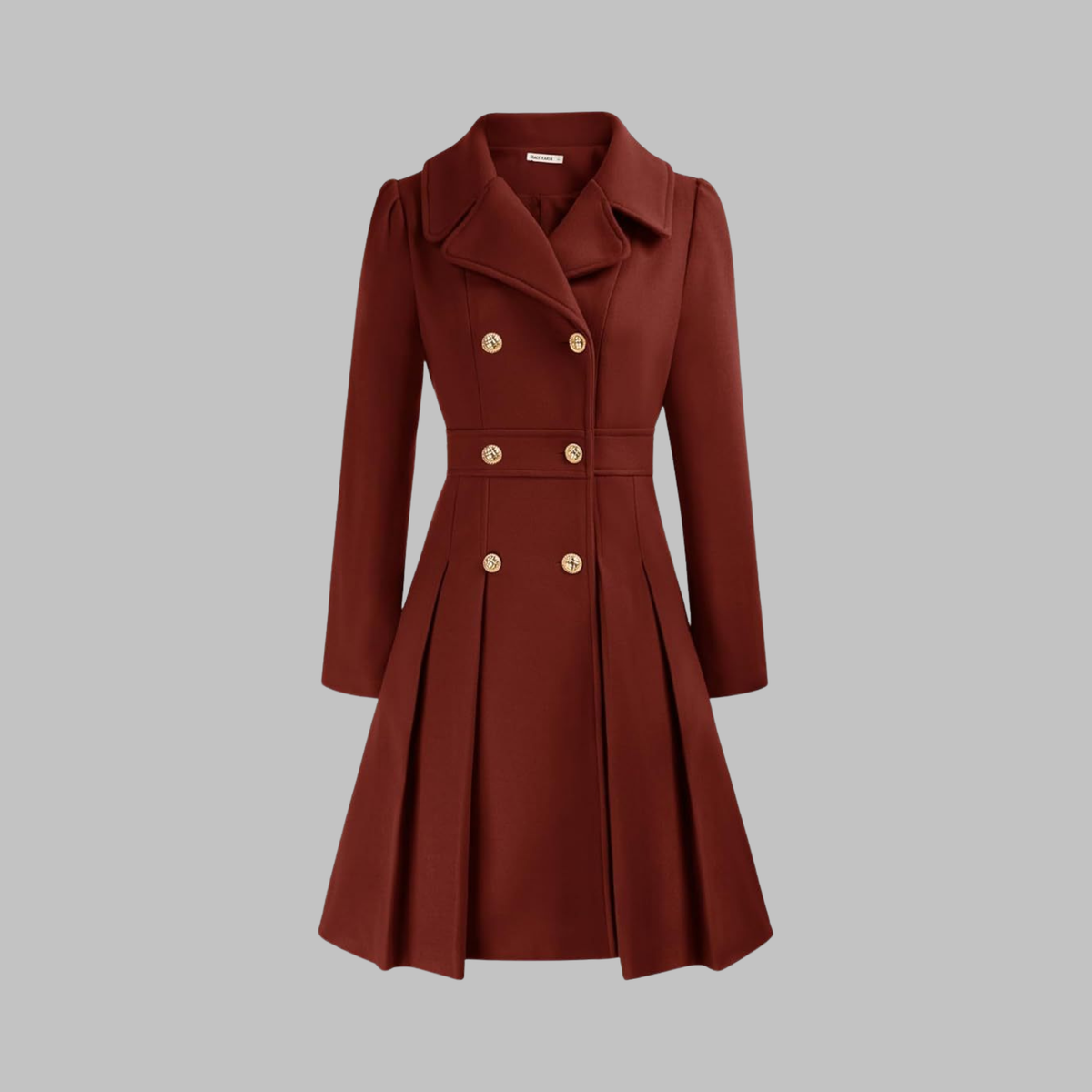 Women's Double-Breasted Long Sleeve Coat with Pleated Skirt - Deep Red