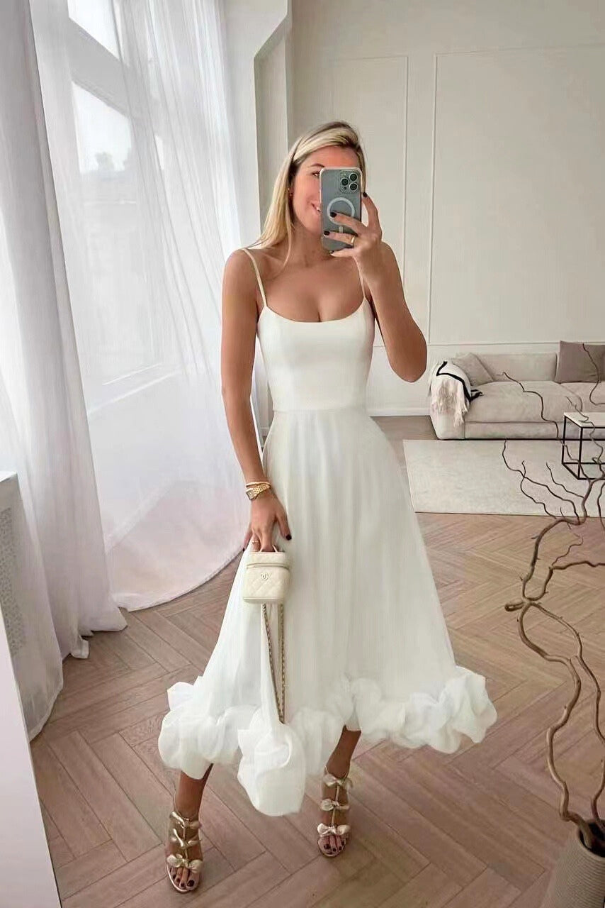 Women's Sleeveless Occasion Dress with Ruffle Hem and A-Line Silhouette - White