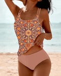 Women's Printed Tankini Swimsuit with Double Strap Detail - Pink