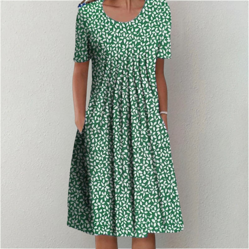 Women's Floral Print Short Sleeve Dress with Round Neck and Pockets - 9