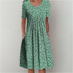 Women's Floral Print Short Sleeve Dress with Round Neck and Pockets - 9