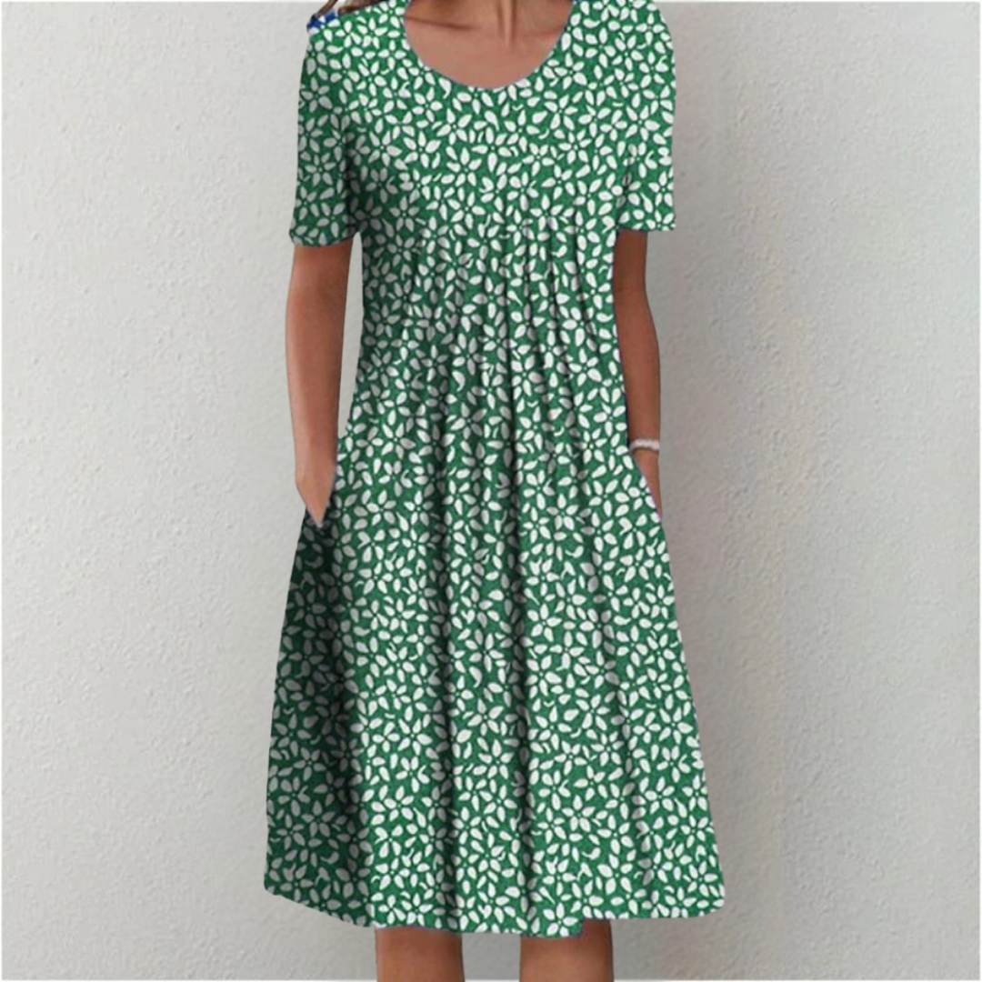 Women's Floral Print Short Sleeve Dress with Round Neck and Pockets - 9