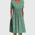 Women's Floral Print Short Sleeve Dress with Round Neck and Pockets - Green