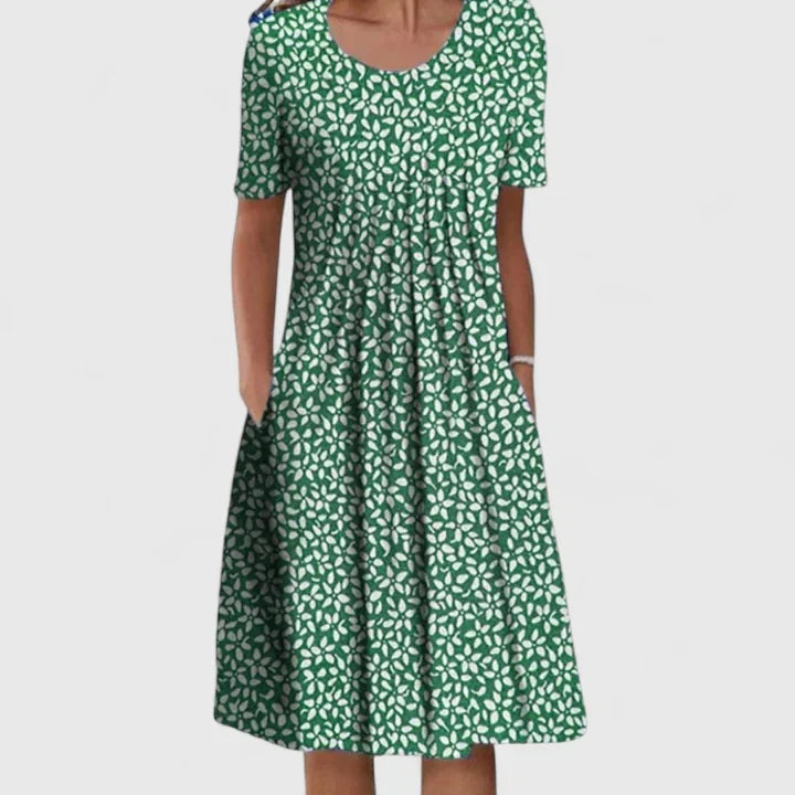 Women's Floral Print Short Sleeve Dress with Round Neck and Pockets - Green