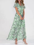 Women's Maxi Dress Floral Print with V-neck and Flutter Sleeves - Green