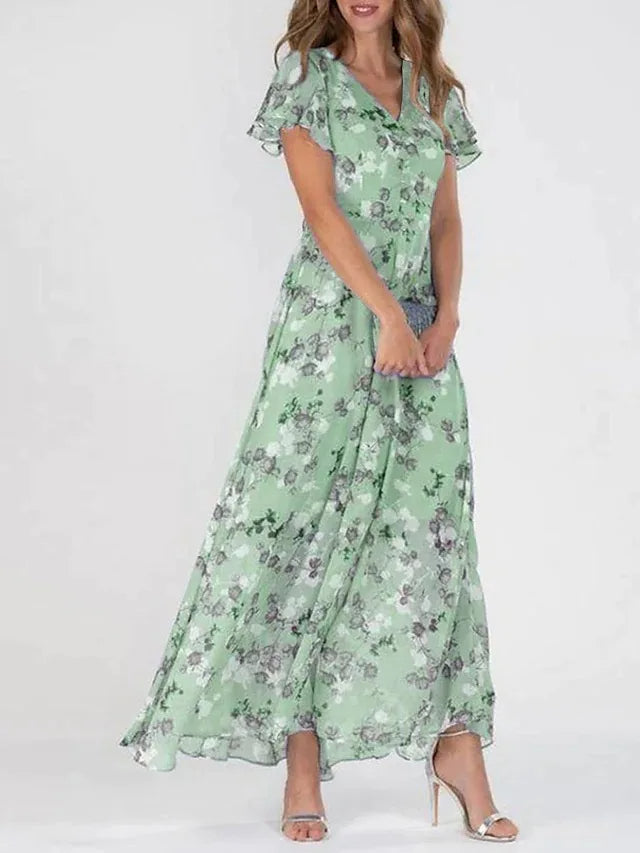 Women's Maxi Dress Floral Print with V-neck and Flutter Sleeves - Green