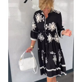 Women's Floral Print Dress with Three-Quarter Sleeves and Tiered Hem - Black
