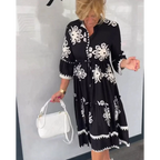 Women's Floral Print Dress with Three-Quarter Sleeves and Tiered Hem - Black