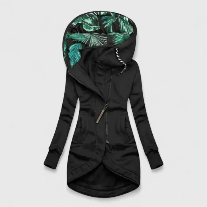 Women's Hooded Jacket with Zip Front and Printed Lining - Black