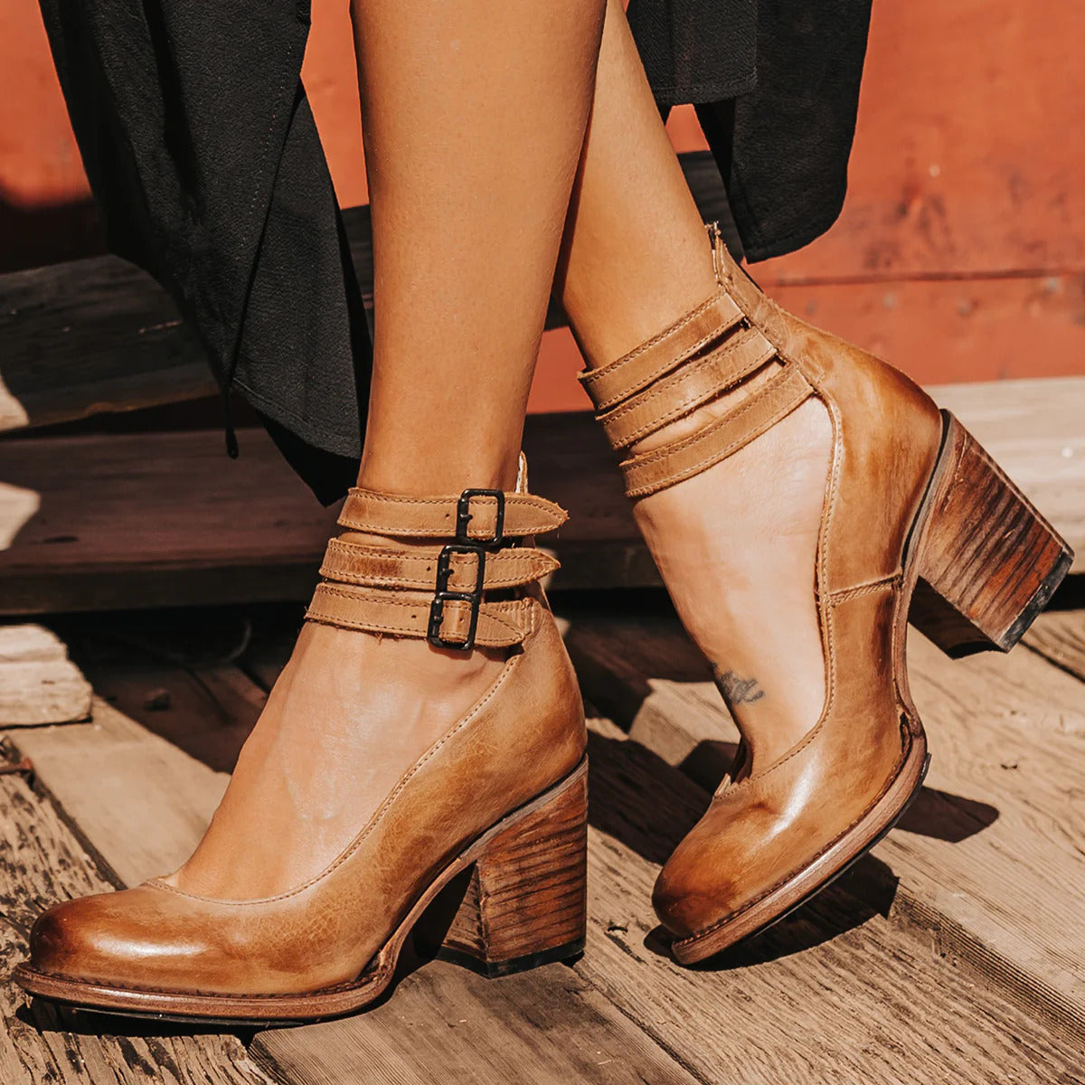 Women Block-Heel Shoes with Double Ankle Buckle Straps - Light Brown (Sold Out)