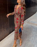 Women's A-Line Maxi Dress with V-Neck and Long Sleeves - Red