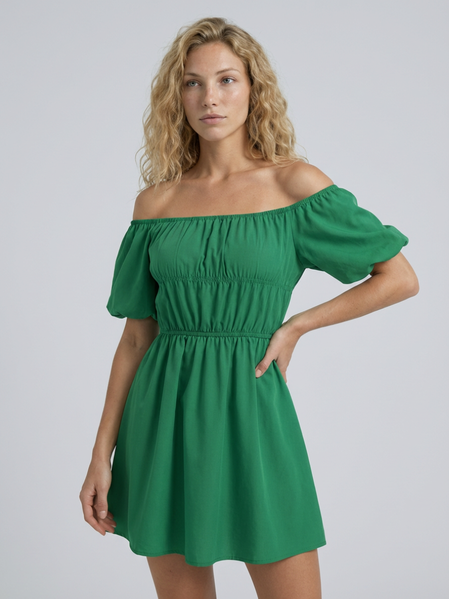 Women's Off-Shoulder Mini Dress with Puff Sleeves and A-Line Silhouette - 8