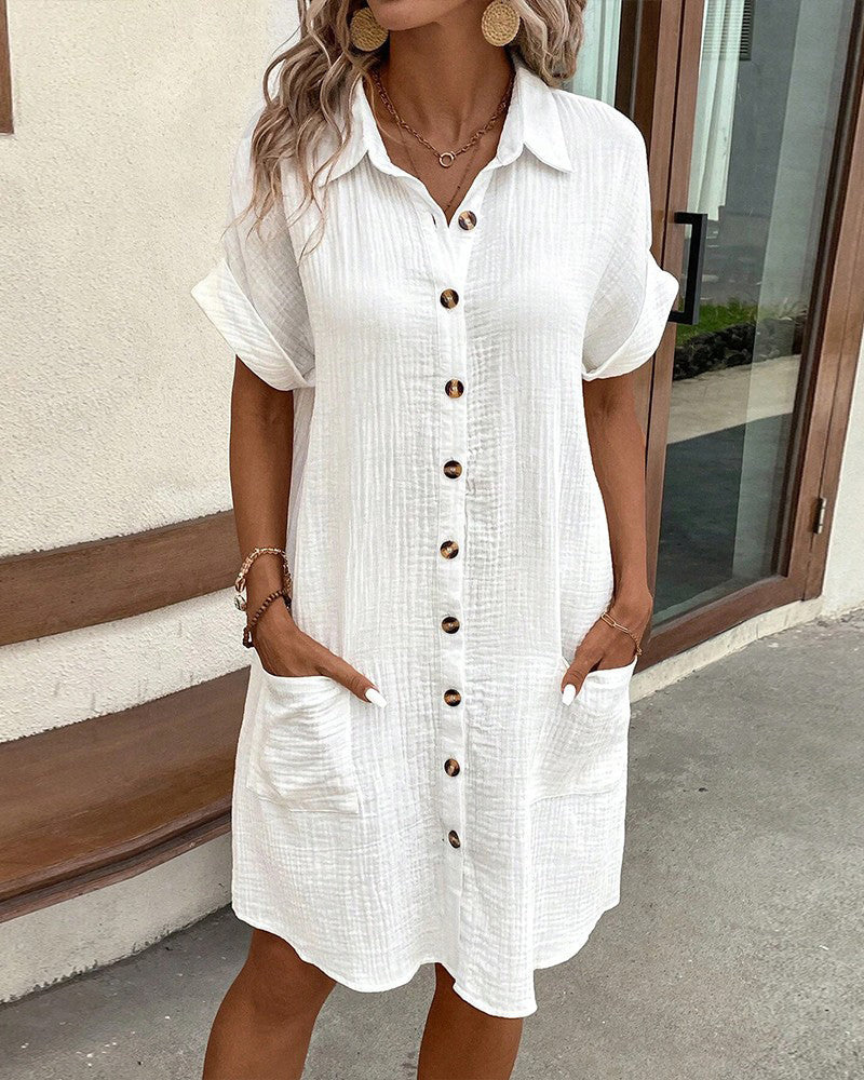 Women's Shirt Dress Button-Up with Collar and Side Pockets - White