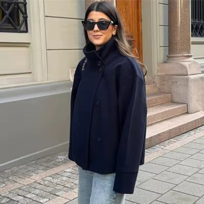 Women's Short Peacoat with High Collar and Minimalist Design - 3