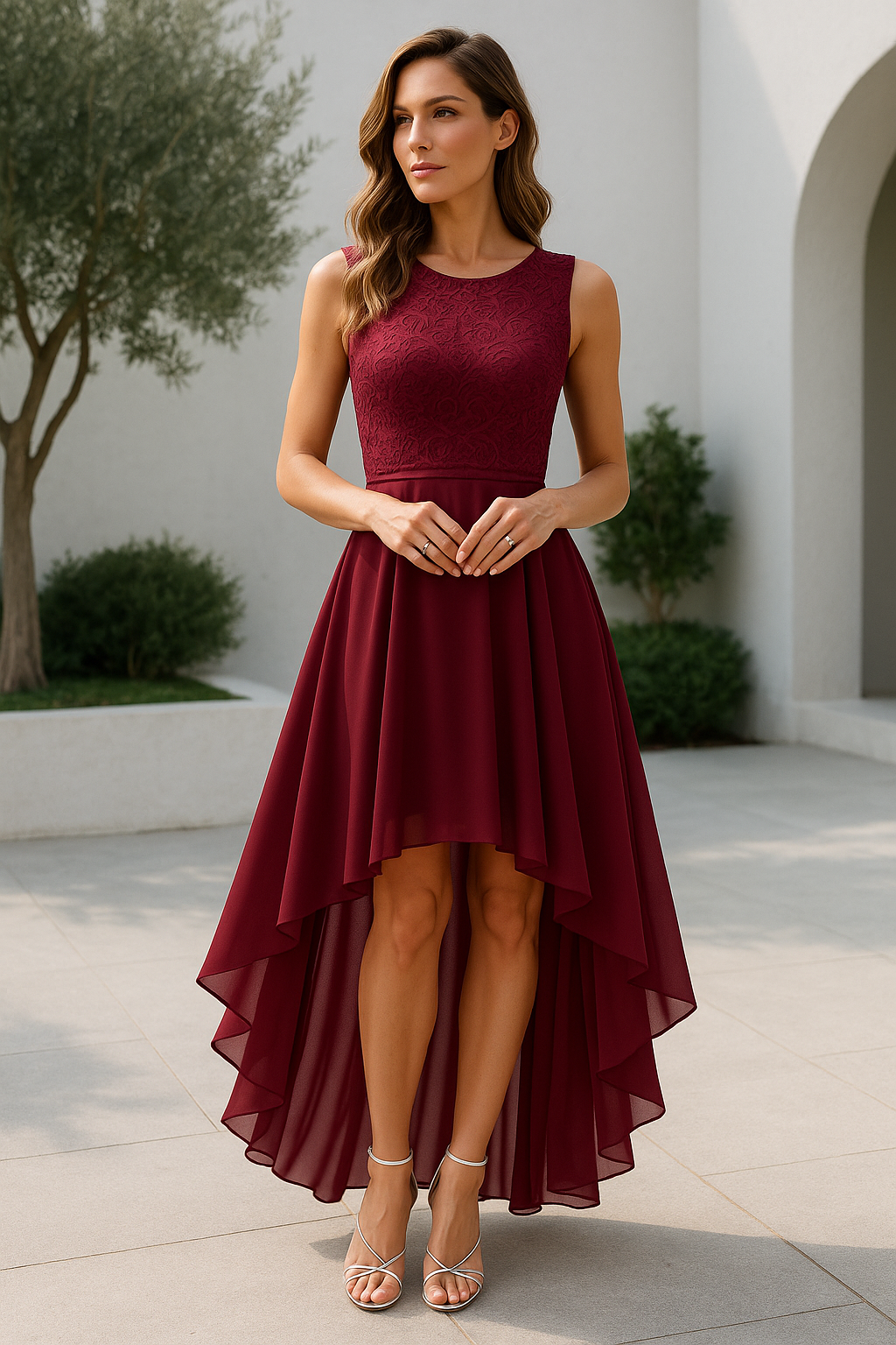 Women's Sleeveless High-Low Dress with Lace Bodice and A-Line Skirt - Deep Red