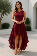 Women's Sleeveless High-Low Dress with Lace Bodice and A-Line Skirt - Deep Red