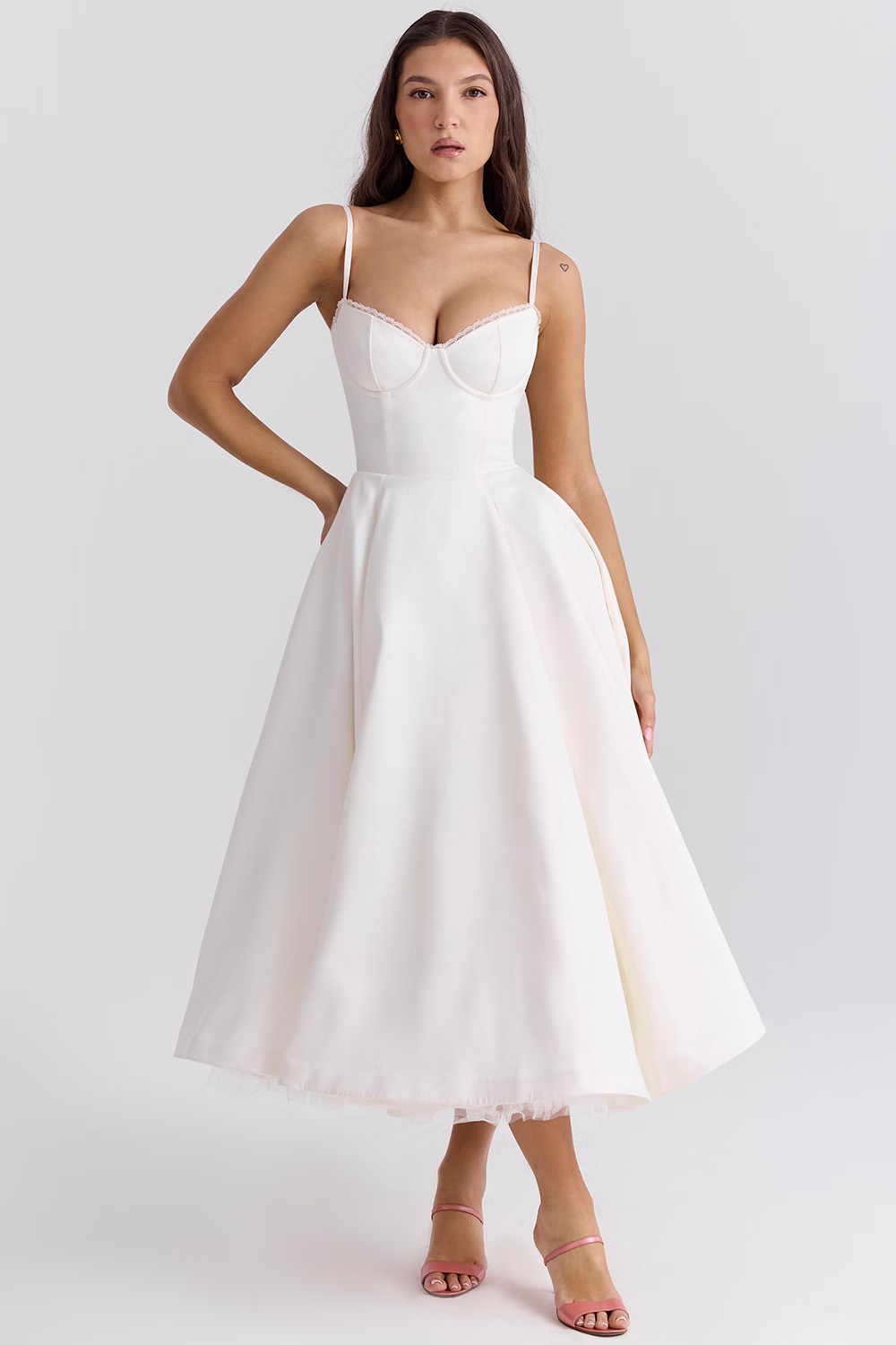 Women's Corset Midi Dress with A-Line Skirt and Sweetheart Neckline - White