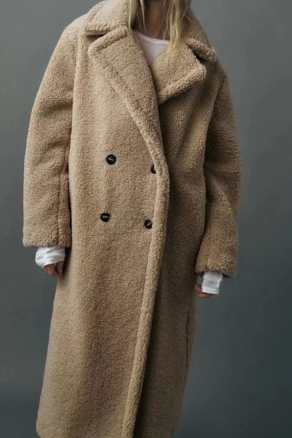Women's Longline Teddy Coat with Wide Lapel and Double-Button Front - 2