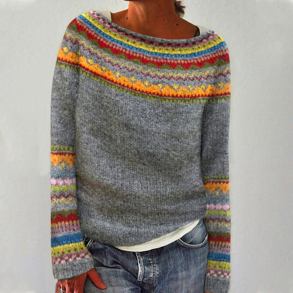 Women's Jumper Long Sleeve with Fair Isle Pattern and Round Neck - Grey Orange