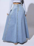 Women's High-Waist A-Line Maxi Skirt with Button Front - Light Blue