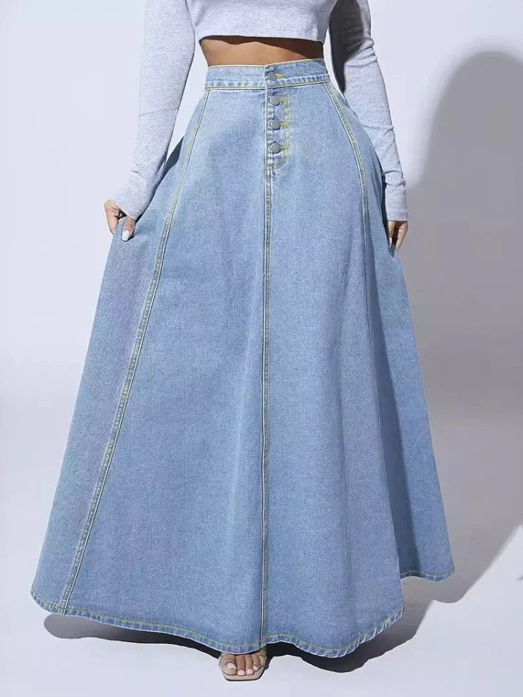 Women's High-Waist A-Line Maxi Skirt with Button Front - Light Blue