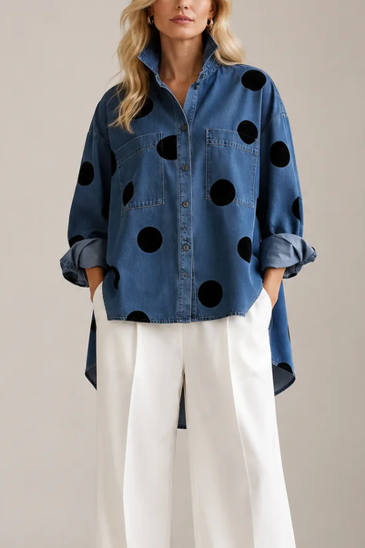 Women's Polka Dot Blouse Oversized with Dramatic Draped Back - Blue