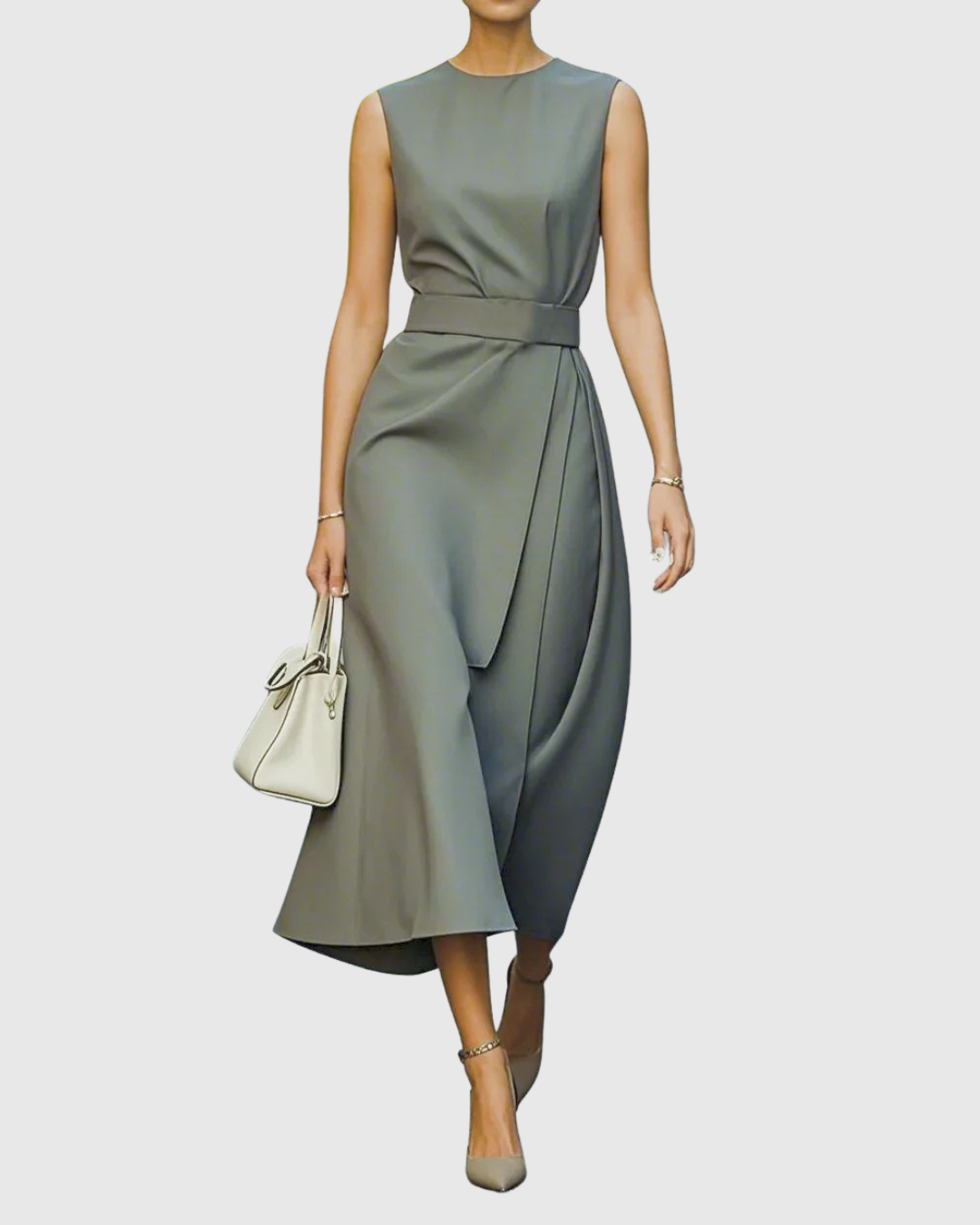 Women's Sleeveless Round Neck Dress with Waist Pleats and Side Slit - Grey