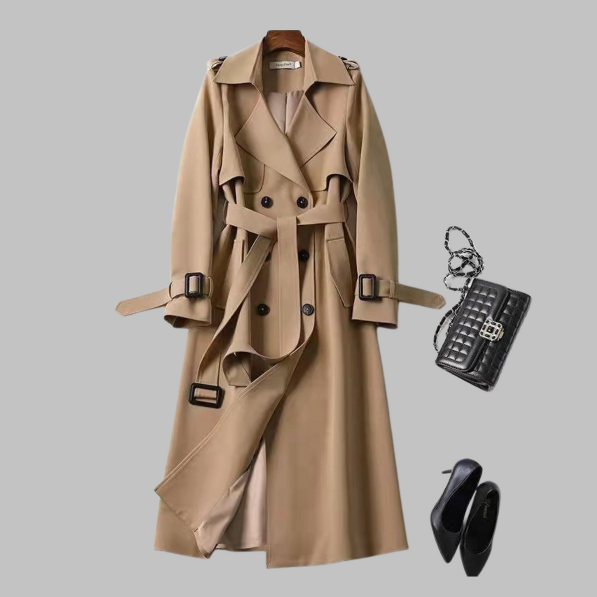 Women's Knee-Length Loose Fit Coat with Belt and Wide Lapel - Beige